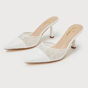 Aiza White Lace Pointed-Toe Mule Pumps